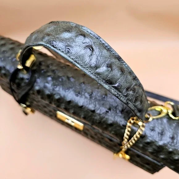 Andalossi Ostrich Embossed Leather Satchel Handbag With Lock‎ Charm and Dust Bag